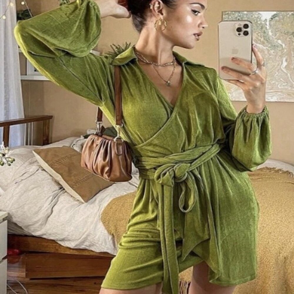 Princess Polly Green Elegant Party Time Faux Wrap Long Sleeve Mini Dress